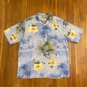 Tommy Bahama Men's 100% Silk Shirt Large Hawaiian Blue Floral Short Sleeve